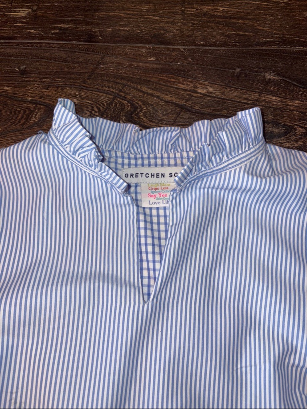 Gretchen Scott Teardrop Tiered Dress Light Blue Pinstripe Size Small - Picture 4 of 8